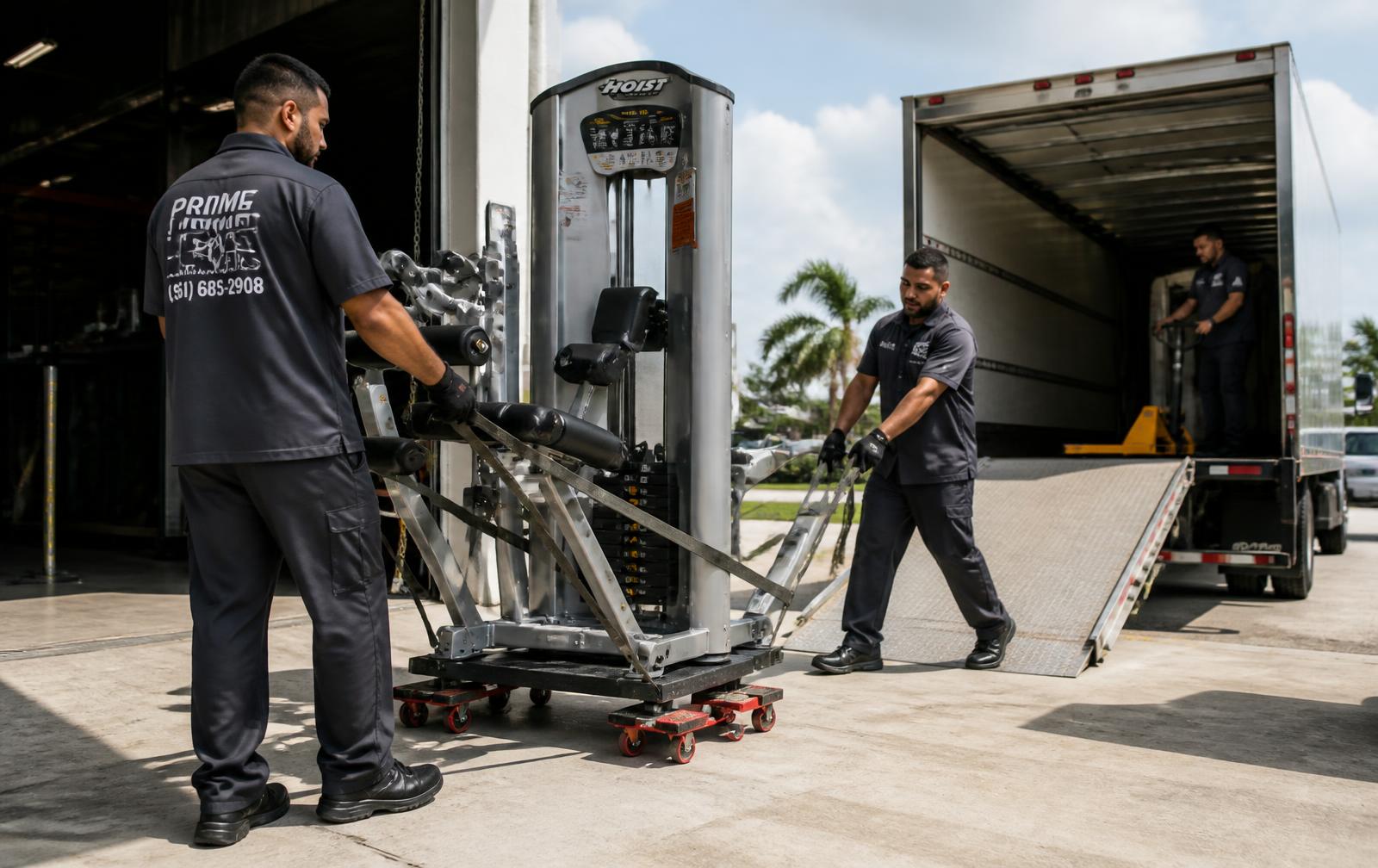 Heavy Moving Company crew loading a commercial gym machine onto a box truck in Orlando
